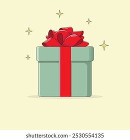 Green gift box decorated with red ribbon and bow on top. A gift for Christmas, Birthday, New Year, Valentine's Day. Cartoon style vector illustration.