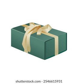 Green gift box with golden ribbon in flat 3d realistic vector illustration. Winter theme design element. Editable graphic resources for many purposes.