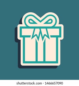 Green Gift box icon isolated on blue background. Long shadow style. Vector Illustration