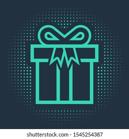 Green Gift box icon isolated on blue background. Abstract circle random dots. Vector Illustration