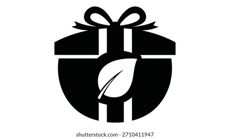 Icono verde de la caja de regalo con el símbolo de la hoja, representando el presente respetuoso del medio ambiente, la sorpresa sostenible, y la oferta orgánica. Ilustración vectorial simple.