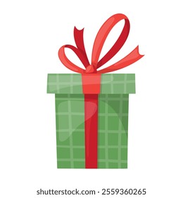 Green gift box illustration in cartoone style. Flat vector illustration isolated on white background.
