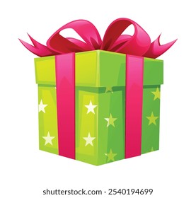 Green gift box with pink bow and ribbon, decorated with star patterns. Vector cartoon illustration