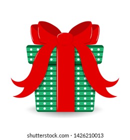 green gift box with red bow and long
ribbon on white background. celebration time.