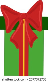 Green gift box with red bow vector illustration. Holiday greeting box. Christmas gift. Birthday present
