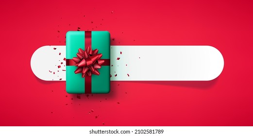 Green gift box with red bow and confetti. Space for text. Vector holiday top view illustration.