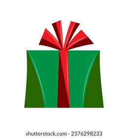Green gift box with red bow. Holiday surprise box. Christmas gifts under the tree. Flat vector illustration.