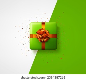 Green gift box with red bow. Christmas, birthday, Valentine's day present. Space for text. Vector holiday illustration.