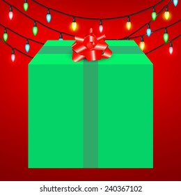 Green gift box, red bow and colorful light bulb. A vector illustration.