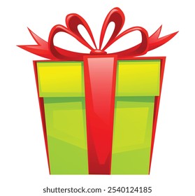 Green gift box with red bow and ribbon. Vector cartoon illustration