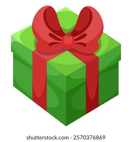 Green gift box with red bow. Vector illustration of cartoon flat cute color present isolated on white background. Christmas or birthday present, anniversary or Valentine`s day gift box.