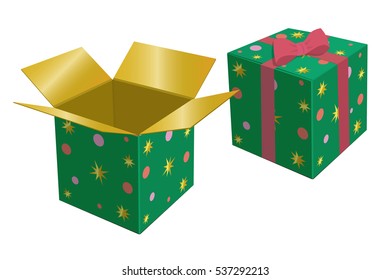 Green gift box. Red bow. Vector illustration