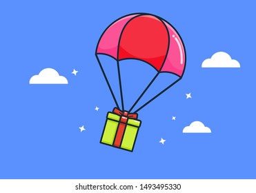 green gift box and red parachute with blue sky background. Flat style