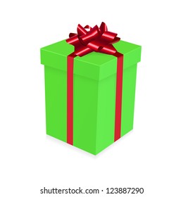 green gift box with red ribbon on white background