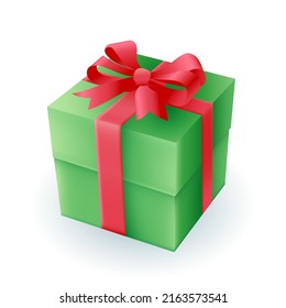 Green gift box with red ribbon 3D icon. Present box for birthday party, Christmas or New Year 3D vector illustration on white background. Celebration, decoration, holiday concept
