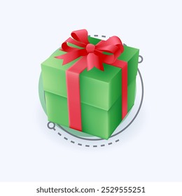 Green gift box with red ribbon 3D icon. Present box for birthday party, Christmas or New Year 3D vector illustration on white background. Celebration, decoration, holiday concept