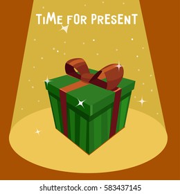 Green gift box with red ribbon and  illuminated by spotlight ray. Cartoon illustration
