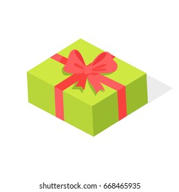 Green gift box with red ribbon and bow isolated on white background