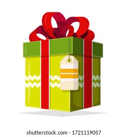 Caja de regalo verde con etiqueta de papel retro y cinta roja
