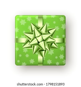 Caja de regalo verde con cinta y arco, vista superior. Navidad, fiesta de Año Nuevo, Feliz cumpleaños o diseño de paquetes de Pascua. Presente aislado sobre fondo blanco. Vector.