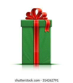 Green gift box with ribbon and bow. Vector illustration