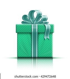 Green gift box with ribbon and bow. Vector illustration