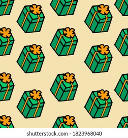 green gift box with ribbon in the middle seamless pattern. thin black outline, hand drawn vector. doodle package for christmas icon, kids, wallpaper, cover, fabric, backdrop, wrapping paper and gift. 