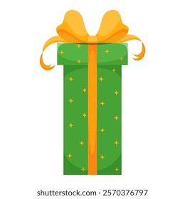 Green gift box in stars with yellow bow. Vector illustration of cartoon flat cute color present isolated on white background. Christmas or birthday present, anniversary or Valentine`s day gift box.