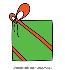 Green gift box tied with red ribbon, doodle simple childish vector illustration