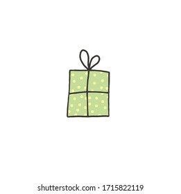 Green Gift box vector illustration isolated on white background.Decoration,celebration,design elements for birthday cards.Cute illustration of gift box with 
polka dot. Present, greeting, surprise. 