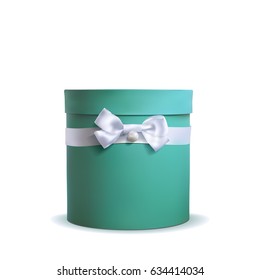 Green gift box with white bow and pearl, isolated on white, vector illustration