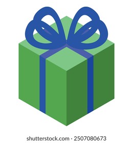 Green gift box wrapped with a blue ribbon in isometric view