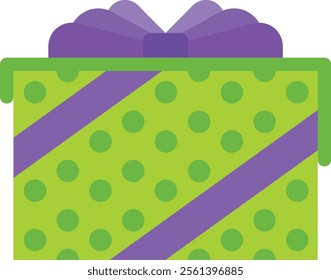 Green gift box wrapped with purple ribbon and bow, perfect for celebrating a special occasion like a birthday or Christmas, adding a touch of festive cheer to any celebration