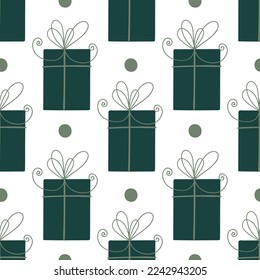 Green gift boxes with bows and dots. Festival seamless pattern. 