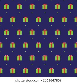 Green gift boxes with golden ribbon seamless pattern vector on blue background