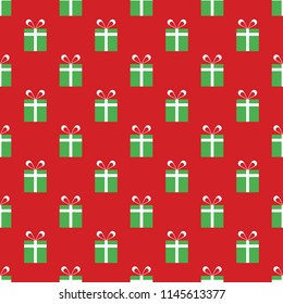 Green gift boxes on red background vector seamless pattern. Flat illustration