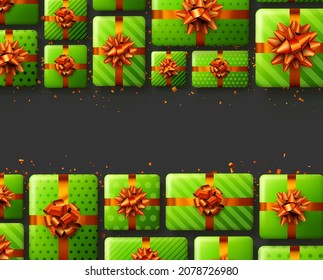 Green gift boxes with red bows. Christmas, birthday, Valentine's day present. Space for text. Vector holiday illustration.