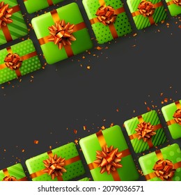 Green gift boxes with red bows. Christmas, birthday, Valentine's day present. Space for text. Vector holiday illustration.