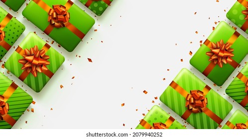 Green gift boxes with red bows. Christmas, birthday, Valentine's day present. Space for text. Vector holiday illustration.