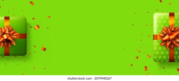 Green gift boxes with red bows. Christmas, birthday, Valentine's day present. Space for text. Vector holiday illustration.