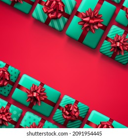 Cajas de regalo verdes con arcos rojos. Regalo de Navidad. Espacio para texto. Ilustración de vista superior de vacaciones vectoriales.