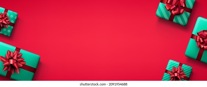Green gift boxes with red bows. Christmas present. Space for text. Vector holiday top view illustration.