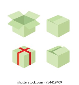 Green gift boxes with red ribbon icon. Close & open for delivery shipping warehouse. Isometric illustration flat design interface element for app ui ux web banner, vector isolated on white background