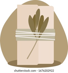 Green gift with flower. Paper present with plant. Craft packet. Vector pattern flat illustration. 