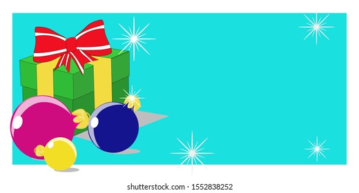 Green gift with multi-colored glass Christmas balls on a blue background with silver snowflakes, vector illustration with place for writing text for banner, poster