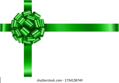 Green Gift Ribbon Bow Cross on Rectangle Vector. Illustration of Greeting Green Gift Wrapping Ribbon and Bow Crossed at the Top Left on White Background.