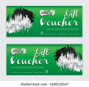 Vorlage für grüne Geschenkgutscheine, Gutschein-Vektorillustration, Coupon, Discount-Karte, Verkaufsbanner, Kopfzeilen, Webbanner, Creative Idee, grüner Hintergrund