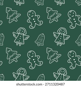 Green gingerbread cookies seamless pattern, holiday motif. Christmas cookie repeat pattern, festive background. Gingerbread pattern, baking and holiday design