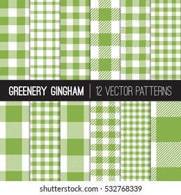 Green Gingham and Buffalo Check Plaid Patterns in White and Greenery - 2017 Color of the Year. Modern Pixel Gingham Vector Patterns of Different Styles. Tile Swatches made with Global Colors.
