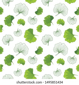 Green Ginkgo biloba and outlined leaves. Seamless pattern for design. Vector